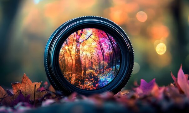 Photography A vintage camera lens capturing a world where everything is made of colorful glass