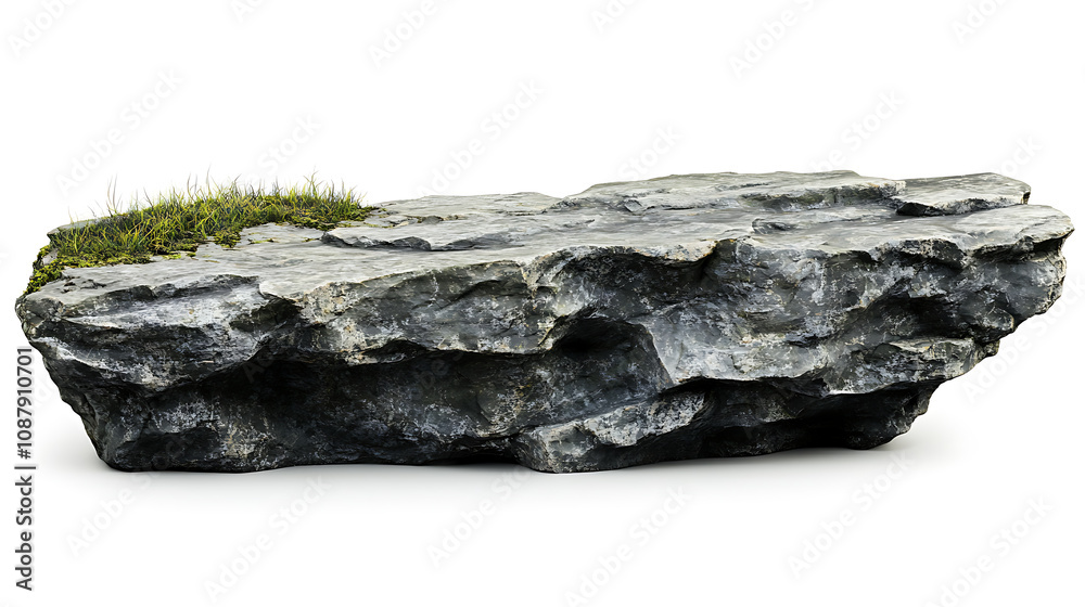 Poster Perspective view of a rock shelf for product display, focusing on the detailed texture of natural stone isolated on a white background