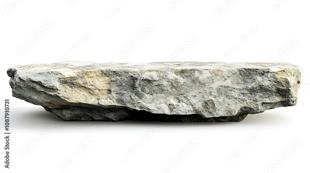 Poster Perspective view of a rock shelf for product display, focusing on the detailed texture of natural stone isolated on a white background