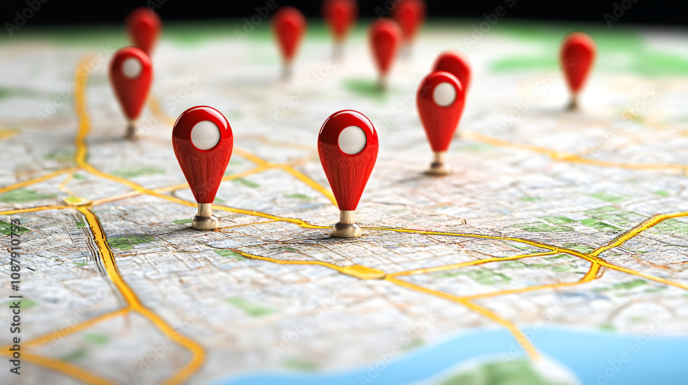 Aufkleber A city map with red pins representing different location points, representing online local search