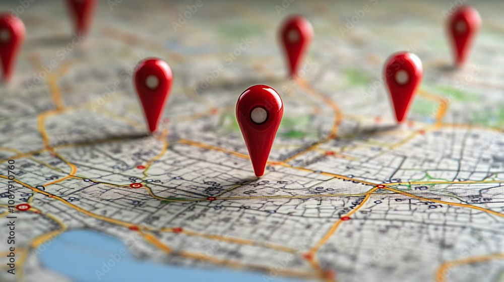 Poster A city map with red pins representing different location points, representing online local search