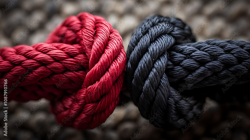 Poster a close-up image showcasing two intertwined ropes, one red and one black, symbolizing a strong bond,