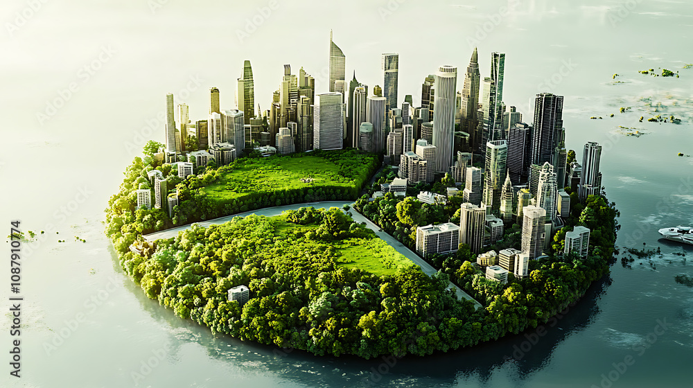 Poster pie chart depicting a cityscape balanced with abundant green spaces, symbolizing eco-friendly urban 