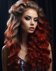 Fototapeta premium Extreme hairdressing competition. Beautiful young model with lush long hair. Special fantasy hairstyle, unreal make-up.