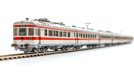 Obraz premium A city electric train composed of long train wagons is isolated on a white background, illustrating the structure and components of modern urban transit