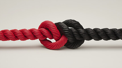 A close-up image showcasing two intertwined ropes, one red and one black, symbolizing a strong bond, unity, or partnership, tied together in a secure knot on a neutral background