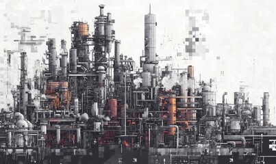 Obraz premium Intricate layered illustration of an industrial cityscape with a variety of buildings, smokestacks, and machinery elements arranged in a dense, geometric pattern