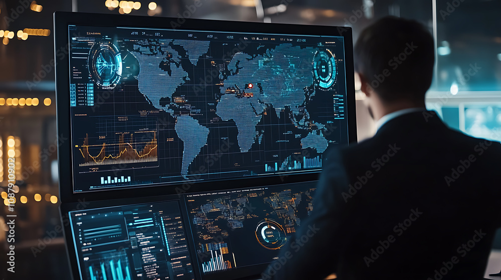 Poster a hud ui displays a futuristic user interface with 3d global world maps and business data charts, il