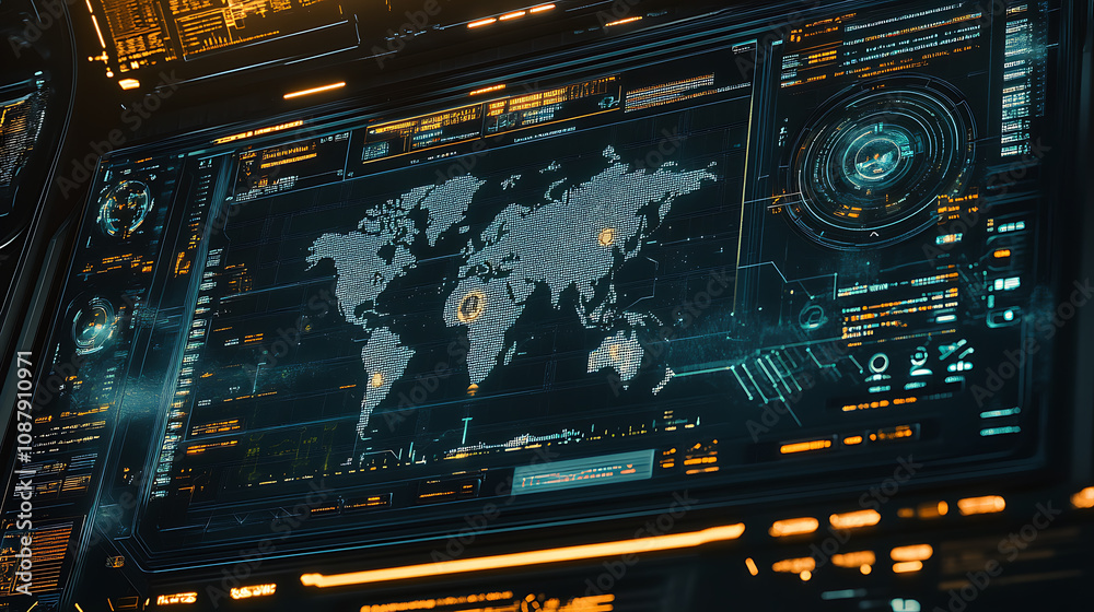 Poster a hud ui displays a futuristic user interface with 3d global world maps and business data charts, il