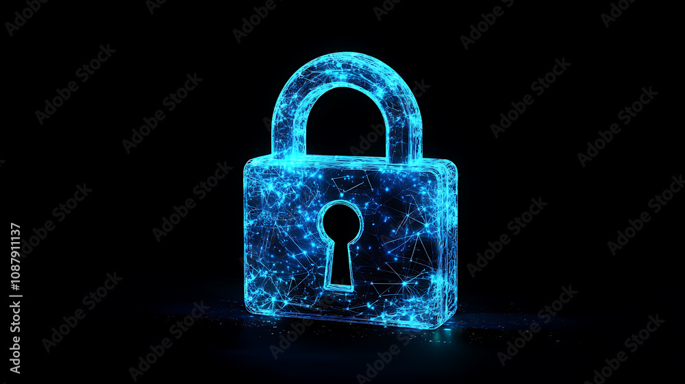 Poster A digital padlock icon symbolizes cyber security and network data protection technology, featuring a virtual interface dashboard for online privacy and business data security