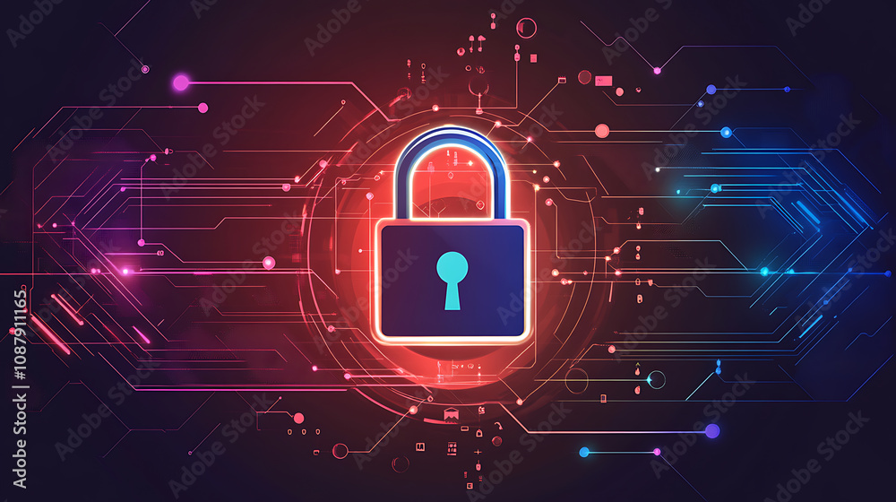 Poster A digital padlock icon symbolizes cyber security and network data protection technology, featuring a virtual interface dashboard for online privacy and business data security