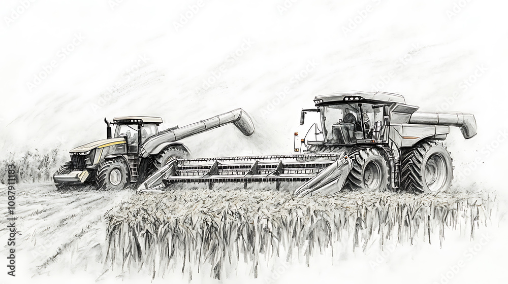 Aufkleber a sketch of a combine harvester working alongside a tractor illustrates the coordination between dif