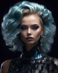 Fototapeta premium High resolution, detailed portrait photography. Beauty lighting. Extreme hairdressing competition. Beautiful young hair model. Fantasy hairstyle made with a special technique, extreme make-up.