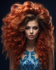 Extreme hair sculpting competition. Beautiful, young, cheerful hair model. Fantasy hair sculptures made with a special technique, extreme make-up.