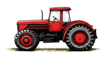 Obraz premium A red agricultural tractor is vividly depicted isolated on a white background, perfectly suited for clear and focused displays