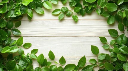 Green leaves framing a wooden background.