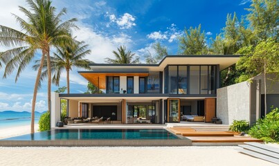 Luxury beachfront villas with private pools and balconies facing the turquoise ocean. Modern architectural design complemented by palm trees on a sandy beach