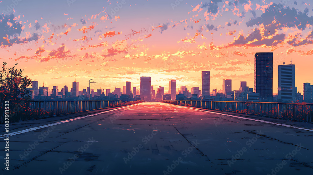 Poster an empty asphalt road extends into a modern city skyline at sunset, offering a high-angle view that 