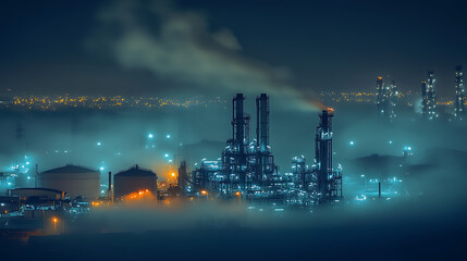 An oil pump and refinery illuminated at night with fog, creating a dramatic scene that underscores the energy sector's challenges