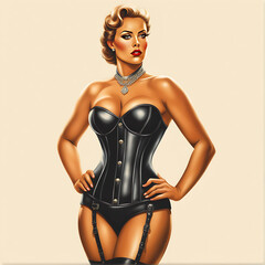 artwork of adult woman in black leather corset and black bikini, vintage art, retro style, generative AI