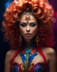 Extreme hair sculpting competition. Beautiful, young, cheerful hair model with bright eyes and flawless skin. Fantasy hair sculptures made with a special technique.