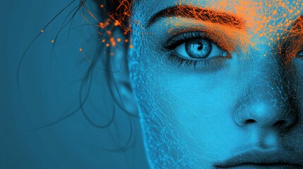 Abstract portrait of a woman's face with glowing lines and particles.