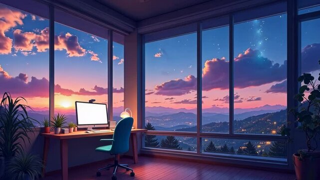 Relaxing home office with panoramic mountain views at sunset, clouds moving fast. Computer monitor sits on desk against floor-to-ceiling windows, showing empty white screen.
