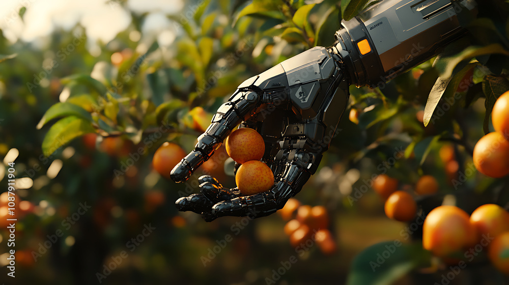Aufkleber An advanced robotic arm equipped with sensors and AI technology selectively picking ripe fruit from a tree in an orchard, showcasing precision and efficiency in modern smart agriculture practices
