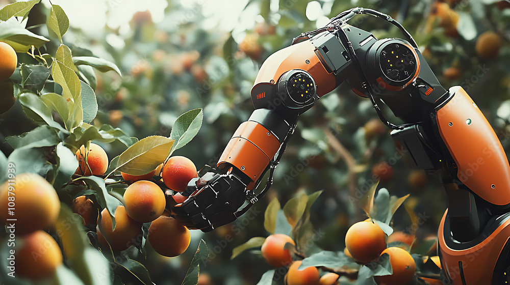 Aufkleber An advanced robotic arm equipped with sensors and AI technology selectively picking ripe fruit from a tree in an orchard, showcasing precision and efficiency in modern smart agriculture practices