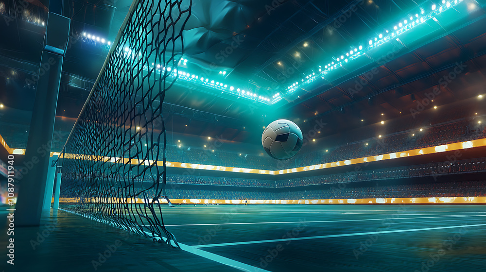 Aufkleber Another view of a volleyball ball and net in an arena during a match, depicted in a 3D illustration, emphasizing the game setting