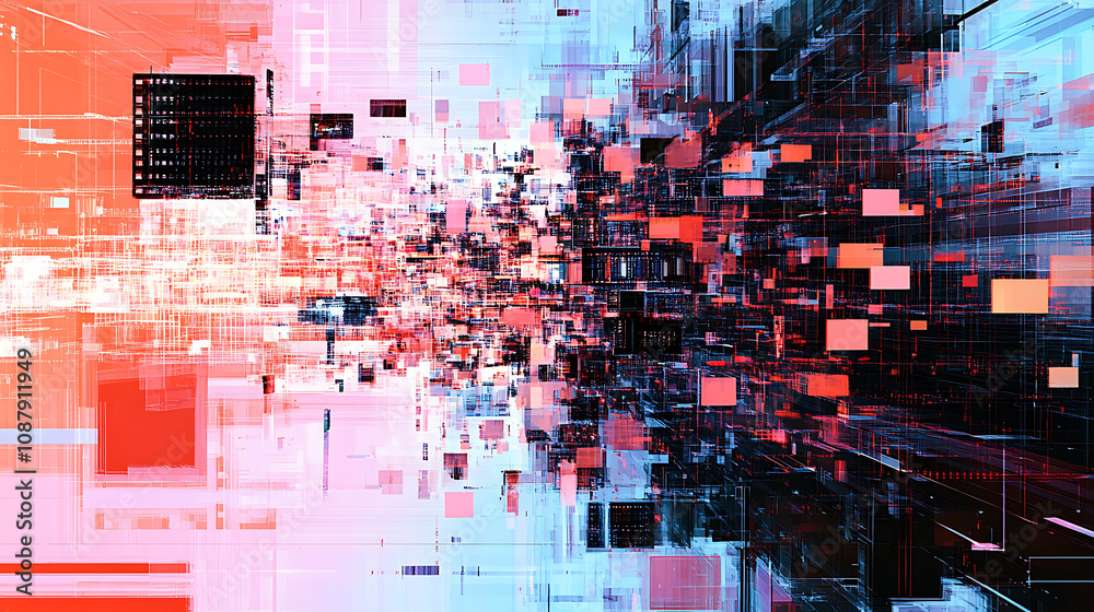 Aufkleber an abstract digital image shows a unique design with pixel noise and glitch effects, suggesting vide