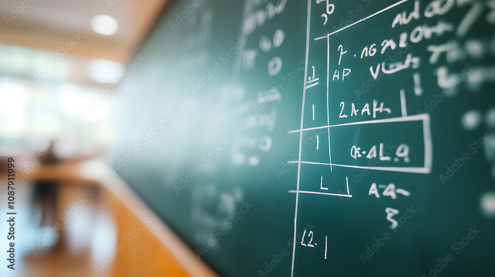 Poster Blackboard filled with scientific formulas and calculations in physics and mathematics