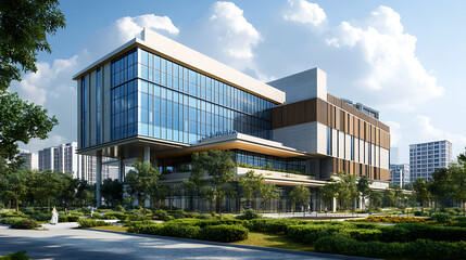 Fototapeta premium Modern hospital building with glass facade, in the background commercial office buildings with concrete walls and blue windows, modern landscape design with big green bushes around