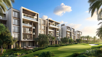 Modern residential apartment building, three storeys with balconies and green landscape in front of it, on the right side there is a golf course, architectural rendering