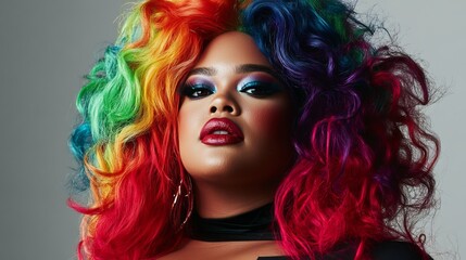 Fototapeta premium A vibrant portrait of a woman with rainbow-hued locks, showcasing her unique beauty through bold makeup and an intricate coiffure that frames her stunning face. 