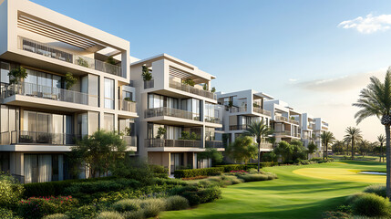 Modern residential apartment building, three storeys with balconies and green landscape in front of it, on the right side there is a golf course, architectural rendering