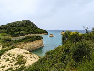 Paralía Sidári cliffs on the island of Corfu in Greece, summer holiday on the Mediterranean Sea. Sidari beach Corfu 