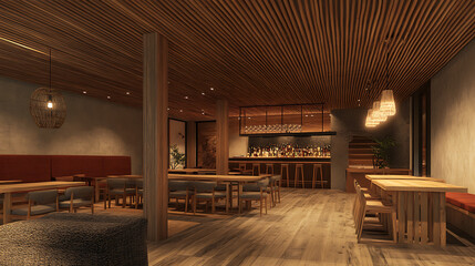 Modern rustic hotel lounge with a wooden slat ceiling, dining area and bar in the background