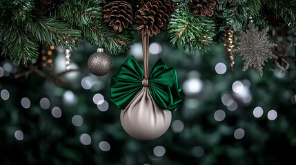 Decorative Christmas ornament hanging from a festive pine tree branch with blurred lights in the background