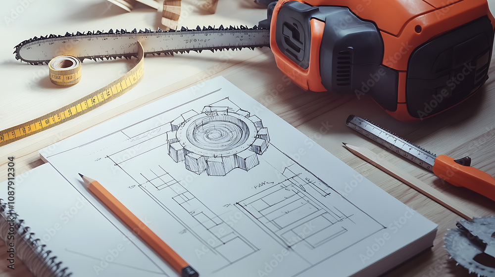 Poster draw ready-to-use wood products in a joinery workbook, a chainsaw, a tape measure, a pencil, and a n