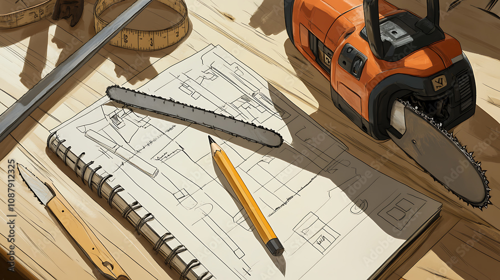 Poster draw ready-to-use wood products in a joinery workbook, a chainsaw, a tape measure, a pencil, and a n