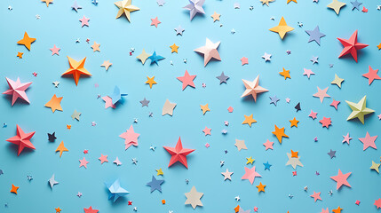 Colorful star confetti background, colorful paper stars in various sizes scattered across the screen