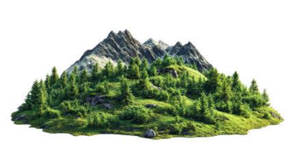 Lush Green Landscape with Majestic Mountains and Dense Forests Surrounded by Rocks on a Sunny Day, Ideal for Nature and Outdoor Themed Projects