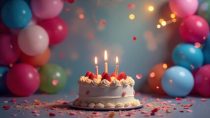 A vibrant birthday cake with sprinkles and candles in a festive setting