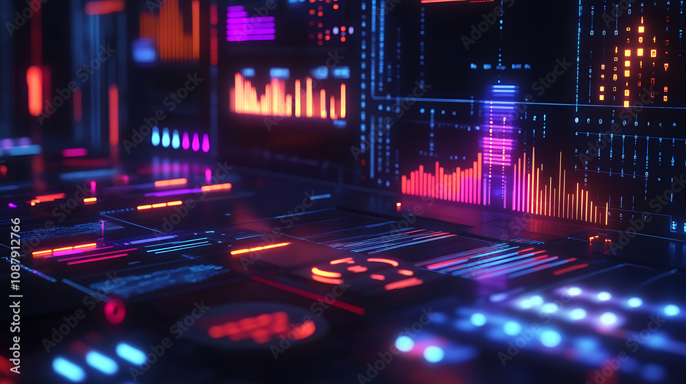 Leinwandbilder Modern business tools involving digital technologies display virtual interfaces with 3D data visualization, including charts and diagrams for online marketing analytics