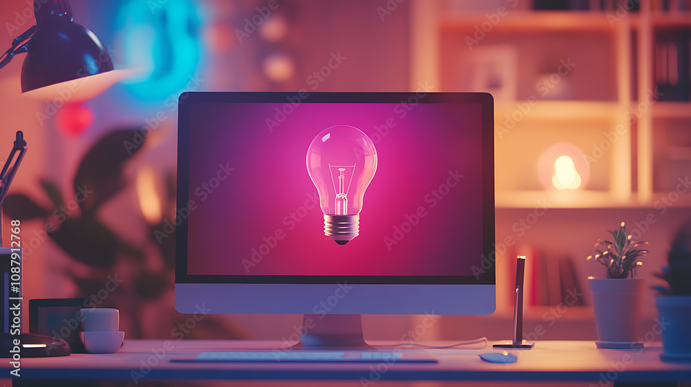 Poster office desktop computer with holographic bulb icon, twofold exposure, notion of a concept