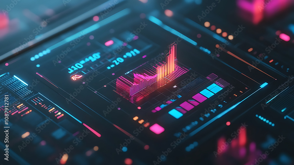 Poster Modern business tools involving digital technologies display virtual interfaces with 3D data visualization, including charts and diagrams for online marketing analytics
