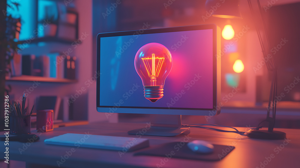 Poster office desktop computer with holographic bulb icon, twofold exposure, notion of a concept