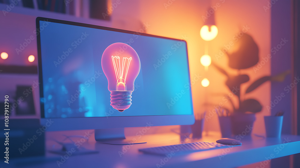 Poster office desktop computer with holographic bulb icon, twofold exposure, notion of a concept