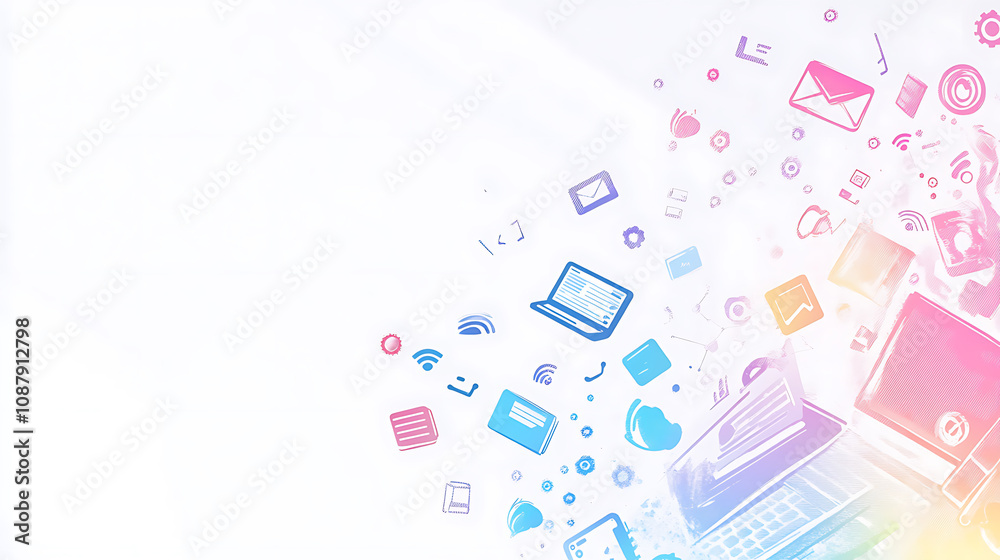 Aufkleber PPT clean background image, Icons related to computer hardware and software and the internet, in a modern, dynamic and professional style, Big free space